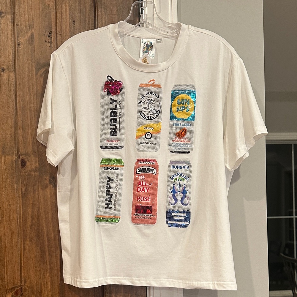 QUEEN OF SPARKLES White Tee with Colorful Can Graphics